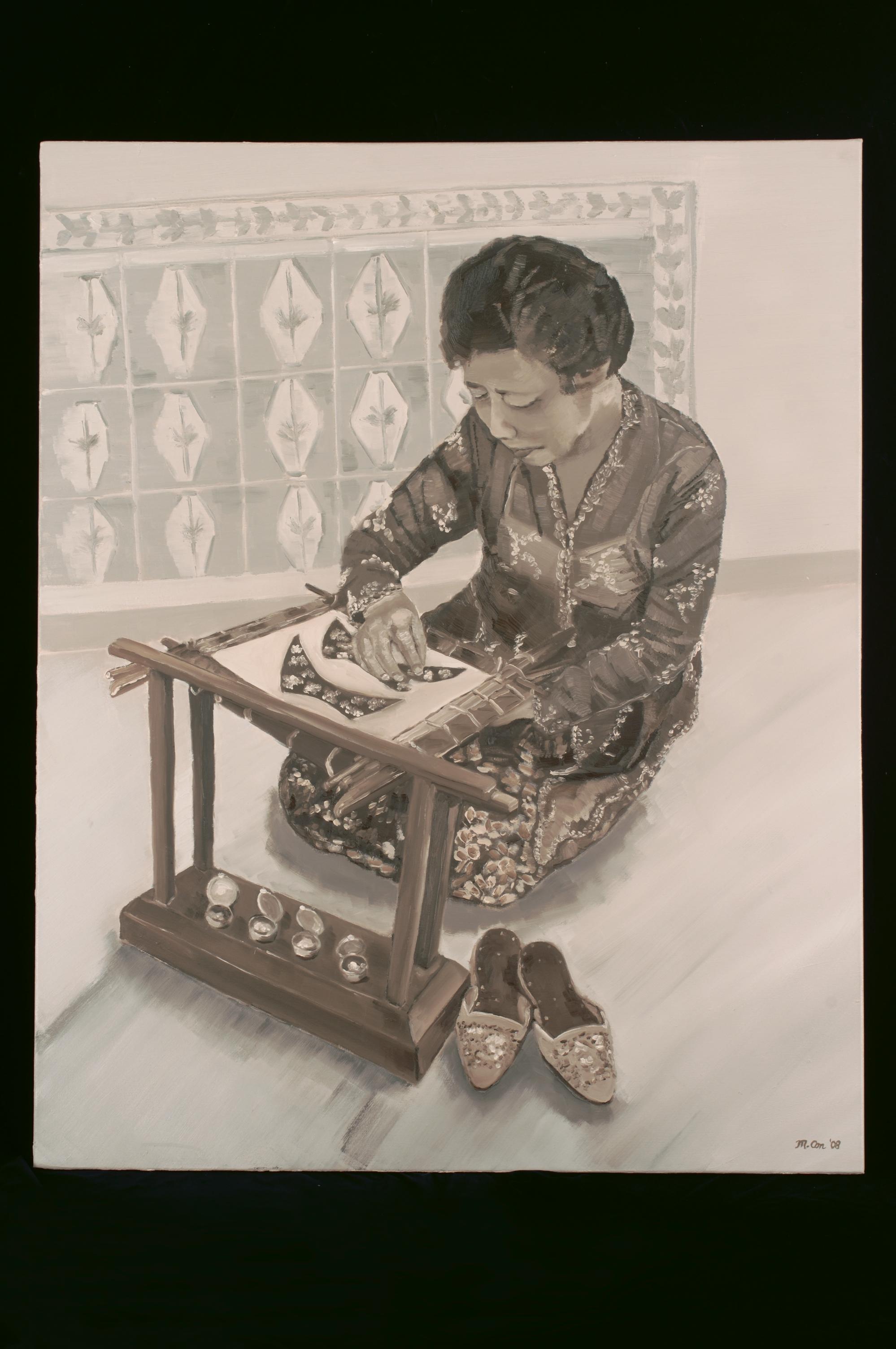 <strong>Painting of Nonya sewing beaded slippers<br>
</strong><br>
Creator: May Oon Filmeridis<br>
2009-00002<br>
2008<br>
Singapore<br>
Collection of the Peranakan Museum
<br>
<br>
Purchase from the David Zuellig Fund (Photo courtesy of Mr Peter Wee)
